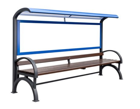 Modern metal and wood bench with a protective overhead shelter and armrests.