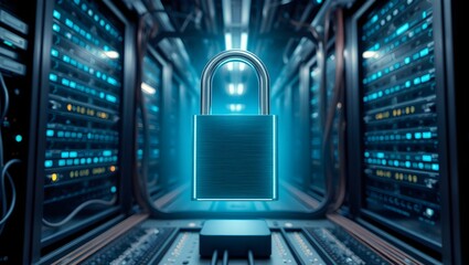 A silver padlock sits amidst server racks with glowing blue lights symbolizing data protection