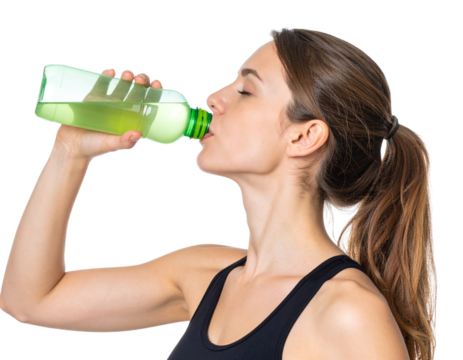 A woman drinks from a green sports bottle, wearing athletic attire.