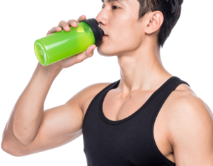 A man in a black tank top drinks from a green sports bottle, suggesting fitness and hydration.