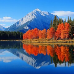 Banff National Park autumn foliage scenery. Alberta, Canada. Vermilion Lakes, Mount Rundle. Canadian Rockies.