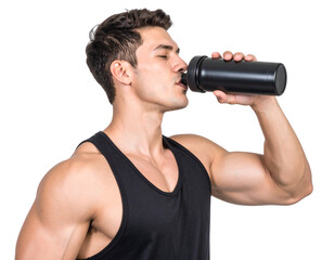 A muscular man in a black tank top drinks from a sports bottle.