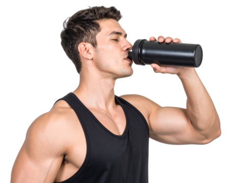 A muscular man in a black tank top drinks from a sports bottle.