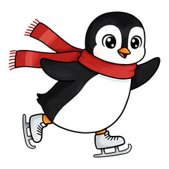 Obraz premium Happy cartoon penguin ice skating with red scarf flowing behind, great for winter sports art, kids books, and cold weather characters