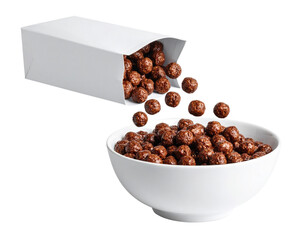 Chocolate cereal balls pouring from a box into a white bowl.