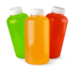 Three bottles of juice in bottles on a white background, mockup. Isolated