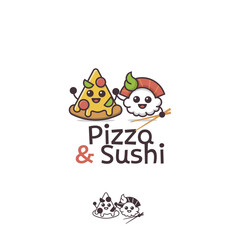 Pizza and Sushi characters restaurant cafe vector logo