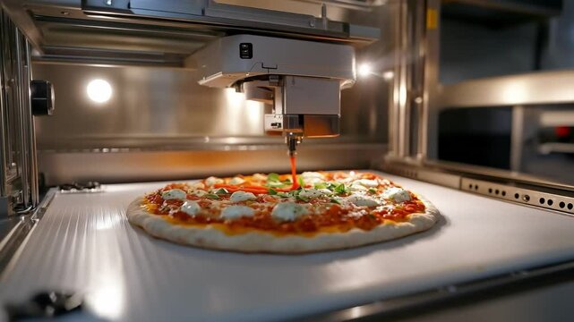 A 3D food printer creating a pizza with fresh ingredients. The printer is equipped with a nozzle, and the pizza is on a flat surface, showcasing a futuristic kitchen environment