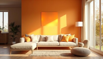 Bright and Cozy Living Room with Orange Accent Wall, Modern Beige Sofa, Round Ottoman, and Natural Light from Large Window