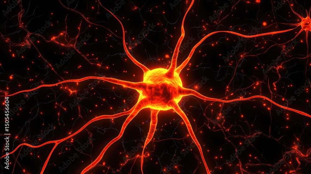 Poster fiery neuron with glowing dendrites and axon branches, intricate neural network