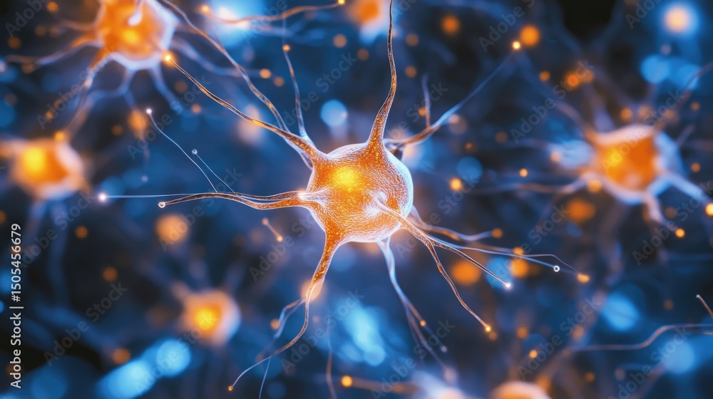 Poster microscopic view of glowing neurons interconnected in a neural network