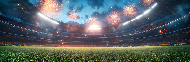 Celebrate the excitement of cricket with this vibrant stadium scene, featuring a lush field, bright lights, and festive fireworks, perfect for sports promotions and event marketing.