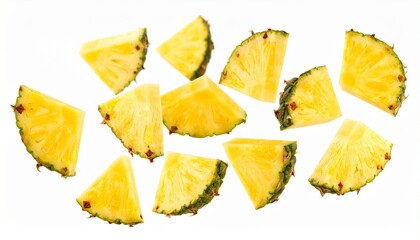 Fresh juicy tropical fruit pineapple flying isolated on white background. Sliced ana 