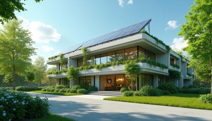 Modern Eco-Friendly House with Solar Panels, Large Windows, and Lush Green Garden Under Blue Sky