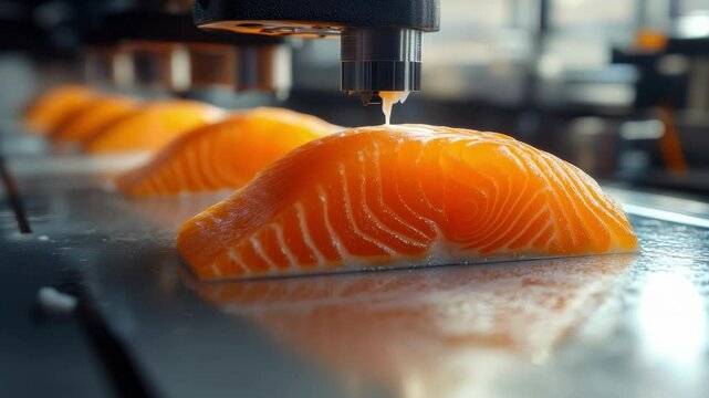 A futuristic food printer creates salmon fillets using 3D printing technology. The printer dispenses layers of food material, showcasing innovation in culinary arts