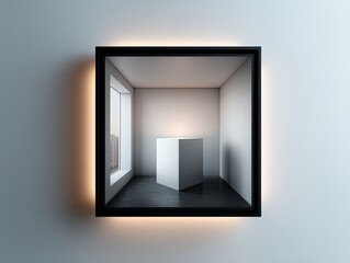 Minimalist artwork depicting a small, illuminated room with a white cube on a dark floor, viewed through a square frame on a wall