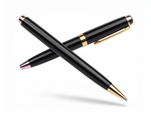 Black matte pen with pink golden metallic parts flying isolated on white background. 