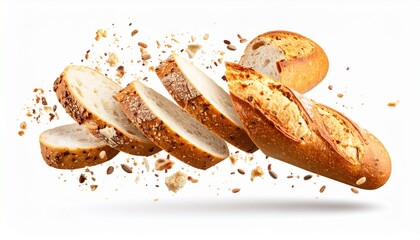 Cutting fresh baked loaf wheat baguette bread with crumbs and seeds flying isolated