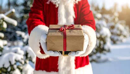 Santa offers Christmas gift with snowy woods.