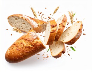 Cutting fresh baked loaf wheat baguette bread with crumbs and seeds flying isolated