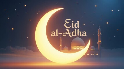 Naklejka premium Eid Mubarak Wishes with Crescent Moon and Starry Night Design