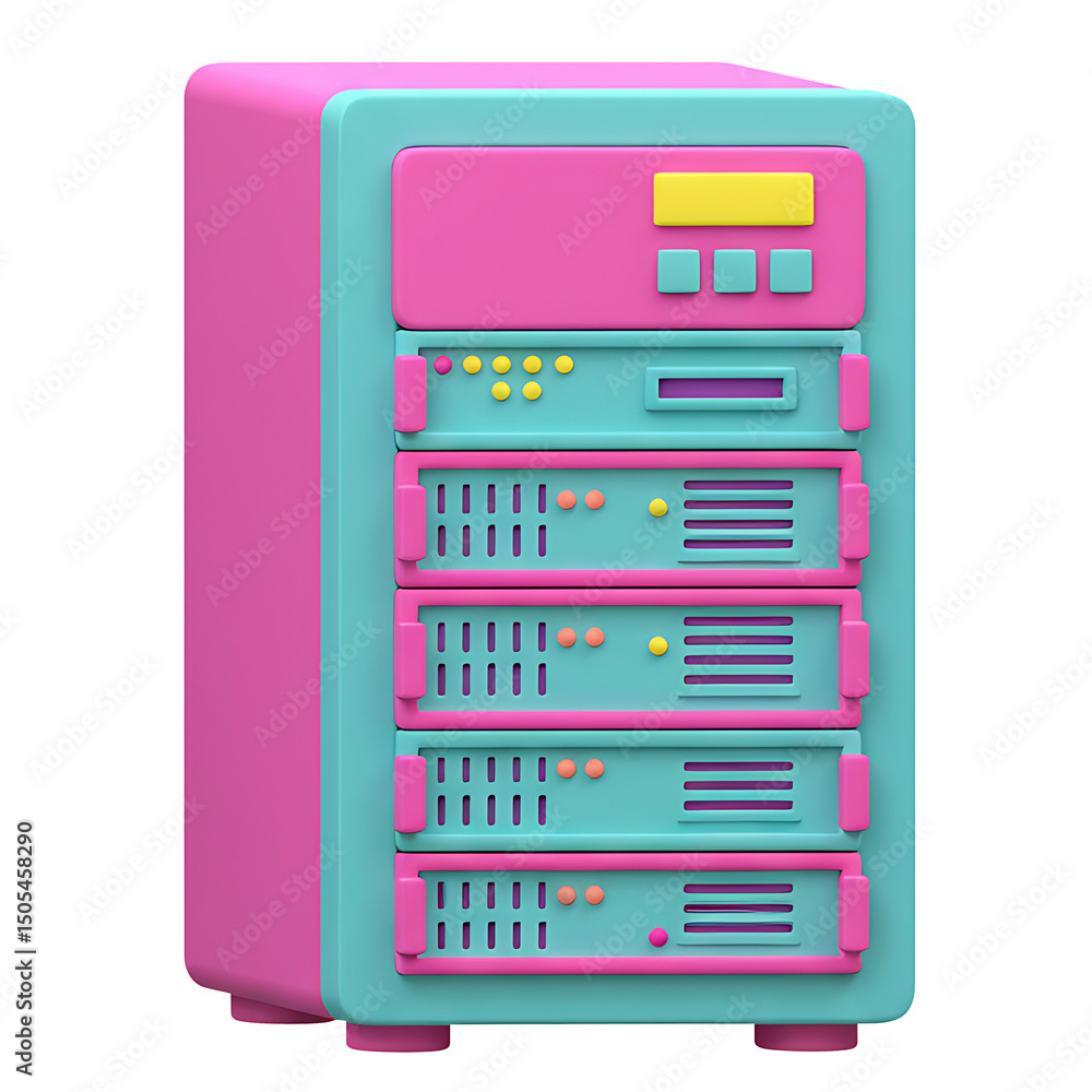 Poster colorful 3d rendering of a modern data server rack with pastel color scheme