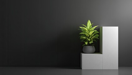 Minimalist scene potted plant on small white cubes against a dark grey wall.  A single light source subtly illuminates the plant