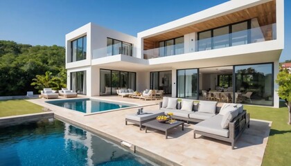 Fototapeta premium Luxury Modern Villa with Pool and Lush Greenery