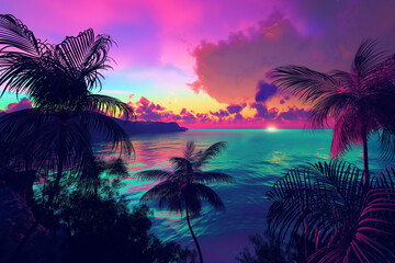 A futuristic cyberpunk landscape featuring abstract neon color explosions and electronic lights in vibrant viva magenta, set in a summer beach setting.
