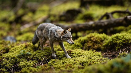 Photorealistic macro photograph of a miniature real grey wolf, no taller than a pine needle, walking cautiously through dense green moss that appears like a vast forest from its perspective. 