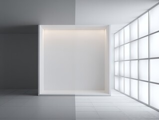 Minimalist room, half grey, half white, features a recessed white display cube with subtle lighting and a gridded translucent window