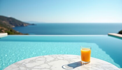 Outdoor infinity pool overlooking the vast sea. A marble table holds a single glass of refreshing orange juice under a bright blue sky. Relaxation, luxury, and summer vibes.