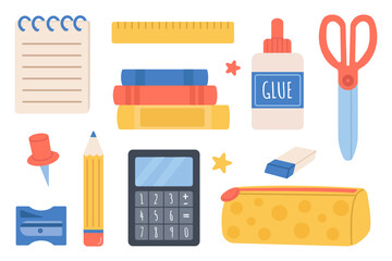 set of school supplies, back to school, education items, notebook, textbook, glue, ruler, pin, eraser, calculator, pencil case, scissors, pencil, sharpener, vector illustration