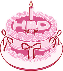 Line art drawing bow ribbons around pink Happy Birthday cake, clipart coquette aesthetic for design element. Vector illustration.