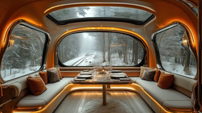 Luxury train car dining interior winter landscape