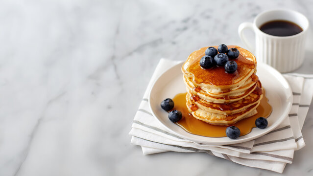 Tall stack of pancakes with blueberries on white plate for National Pancake Day. Celebration of sweet breakfast tradition.  
