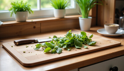 Fresh herbs being chopped on wooden cutting board in cozy kitchen  