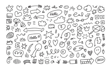 Line kid pencil color brush hand drawn chalk vector element set. Texture brush chalk stroke kid heart, star, arrow element hand drawn sketch scribble. Crayon pencil style. Vector illustration