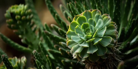 Obraz premium Vibrant green succulent rosette unfurls atop a spiky cactus trunk, framed by blurred stems and soft light to showcase its textured symmetry.