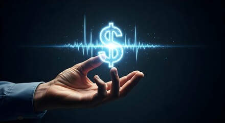 Hand holding glowing dollar sign symbolizing financial growth and digital economy at night
