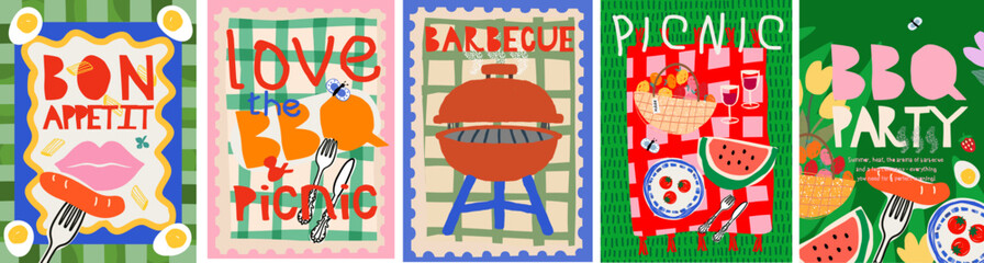 Picnic and summer barbecue party. Vector modern illustrations of BBQ in nature, checkered tablecloth on grass, sausage with fork, watermelon, basket, tomato, egg for poster postage stamp or background © Ardea-studio