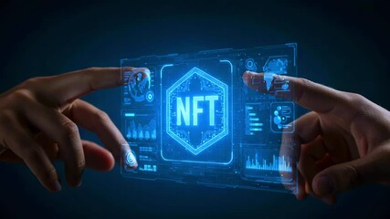 Two hands reaching towards a glowing digital NFT display, showcasing data and graphics in a dark setting - Powered by Adobe