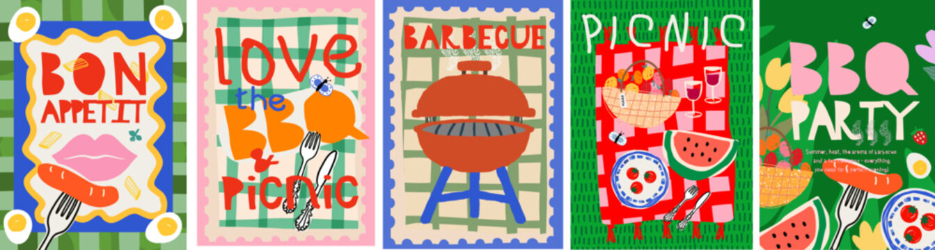 Picnic and summer barbecue party. Vector modern illustrations of BBQ in nature, checkered tablecloth on grass, sausage with fork, watermelon, basket, tomato, egg for poster postage stamp or background