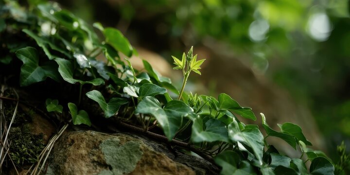 Sunlit ivy vine creeps over a mossy rock, its glossy heart-shaped leaves framing a tender red-tipped bud that symbolizes vibrant forest renewal.