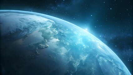 Fototapeta premium Spectacular View of Planet Earth from Outer Space, Illuminated by Sunlight with Visible Landmasses and Cloud Formations, Capturing the Beauty and Vastness of the Universe in a Stunning Cosmic Perspect