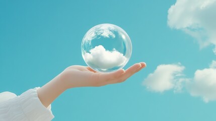 Hand holding crystal clear sphere reflecting clouds bright sky conceptual art serene environment aerial view dream imagery