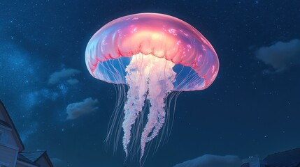Naklejka premium Floating jellyfish spectacle night sky digital art surreal environment dreamlike viewpoint