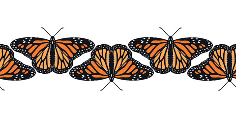 Horizontal stripe pattern with hand drawn orange monarch butterflies. Seamless border of beautiful tropical insect. Vector illustration on white background