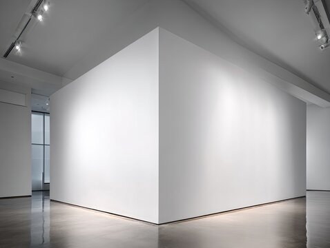 A minimalist gallery interior featuring a large, stark white, corner-positioned wall, sleek flooring, and recessed lighting
