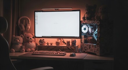 Cozy Gaming Setup Ambient Lighting and Plush Toys Enhance a Gamer's Workspace